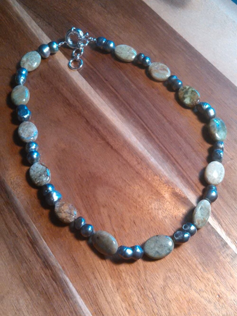 Green Opal and Peacock Pearl Platinum Bond Necklace (18 Inch)